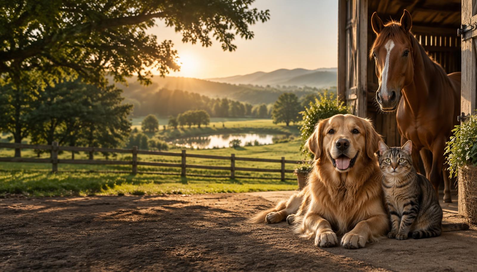 Cão, gato e cavalo em uma fazenda ao amanhecer